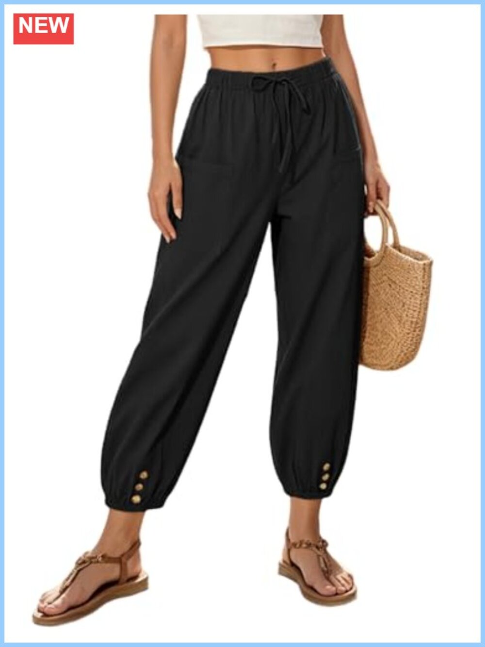 WROLEM Women's Cotton Capri Pants High Waist Drawstring Loose Fit Cropped